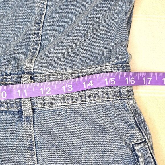 Storia Light Wash Denim Button Front Ruffle Collar Belt Loop Side Pockets Romper - Picture 9 of 14